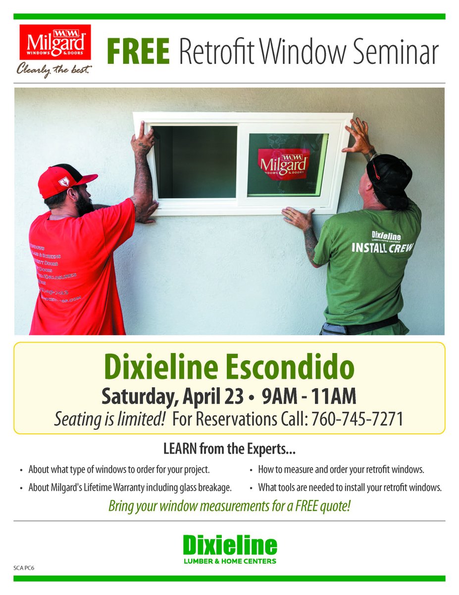 DixielineSoCal's tweet image. Our Retrofit Seminar with @milgard is coming to Escondido! Reserve your spot today!

#retrofitwindows #diy #learnfromexperts #freequote #dixielinelumber #escondido