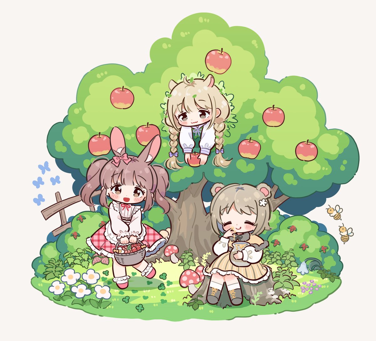 3girls multiple girls animal ears apple mushroom basket food  illustration images