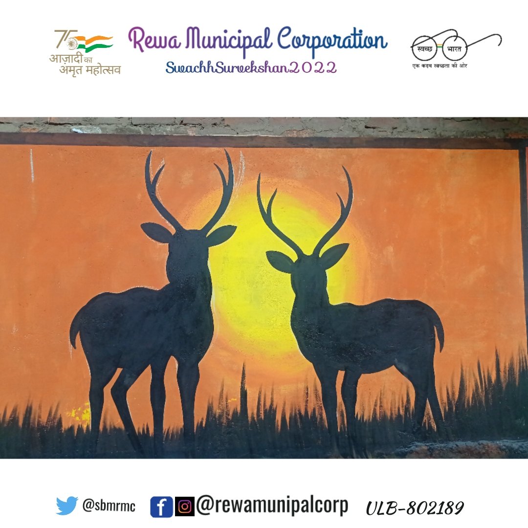PR_TDE's tweet photo. Wall beautification,
The mural shows a couple of swamp deer gazing at setting Sun.
#SwachhSurvekshan2022Rewa
#SwachhBharatMission
#SwachhSurvekshan2022
#AzadikaAmritMahotsav
#I_Support_Rewa https://t.co/x8RYwoCevy