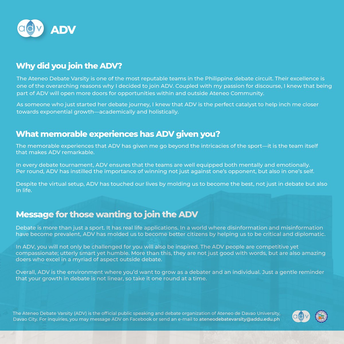 ateneodebatevar's tweet photo. Check out Jhoanna's ADV story! Start your own amazing journey with us by signing up to our Summer Recruitment Program.
Sign up here: https://t.co/Af3znT262Y
Registration closes on April 22.
#ThinkInBlue https://t.co/tiD6bJ5mso
