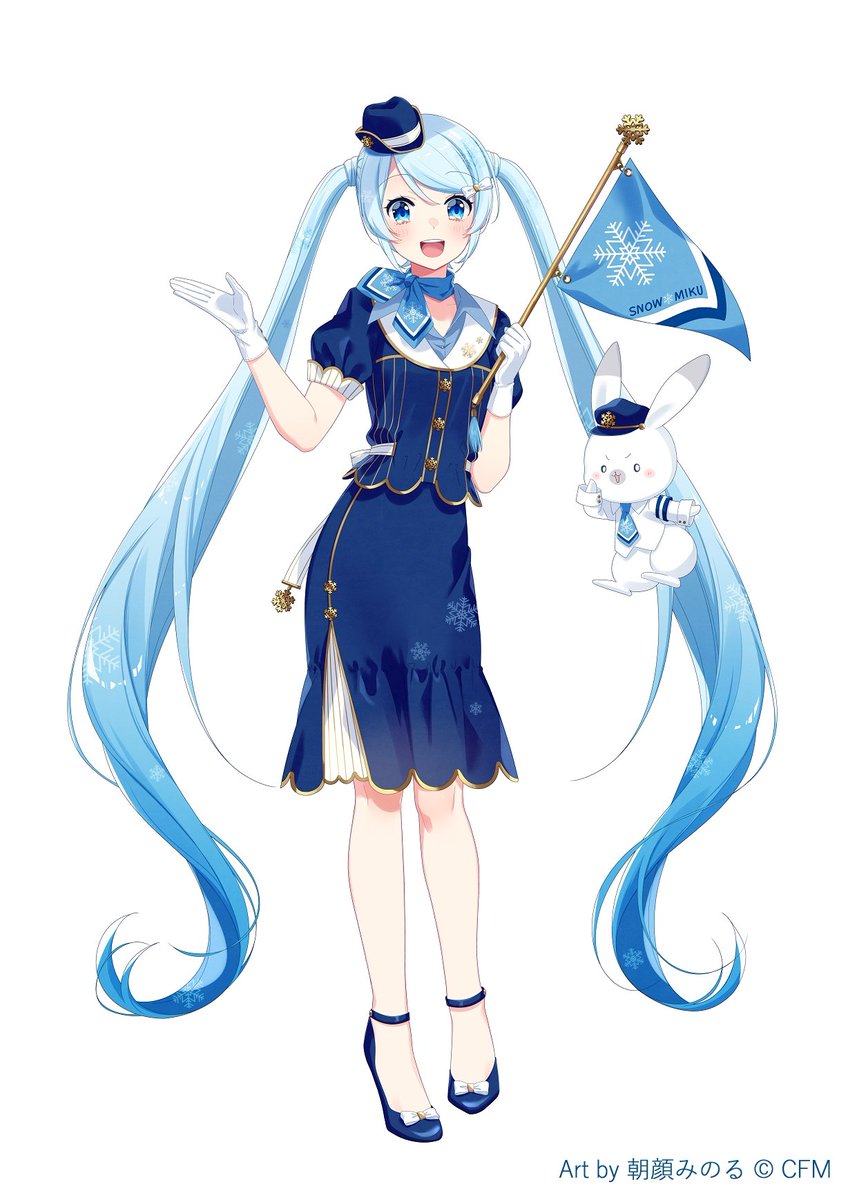 hatsune miku ,rabbit yukine ,yuki miku 1girl twintails hat blue hair smile chibi snowflake print  illustration images