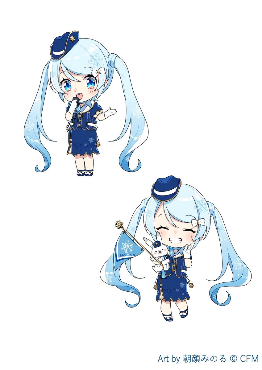 hatsune miku ,rabbit yukine ,yuki miku 1girl twintails hat blue hair smile chibi snowflake print  illustration images