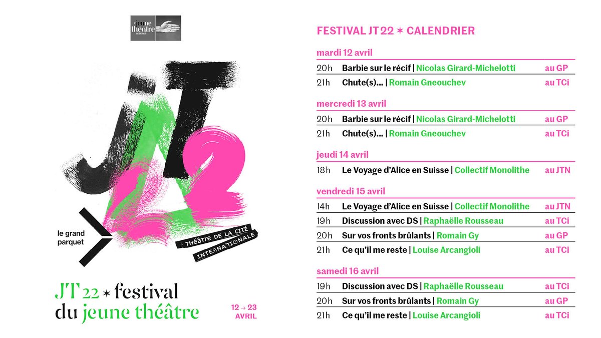 FESTIVAL JT22
Découvrez les spectacles des toutes jeunes équipes issues des écoles
Semaine 1 : 12-16 avril
Nicolas Girard-Michelotti / Romain Gneouchev / Mélodrame Production / Raphaëlle Rousseau / Romain Gy / Louise Arcangioli
<a href="/JTNtheatre/">JeuneThéâtreNational</a> <a href="/theatredelacite/">Théâtre de la Cité</a> <a href="/GrandParquet/">Le Grand Parquet</a>