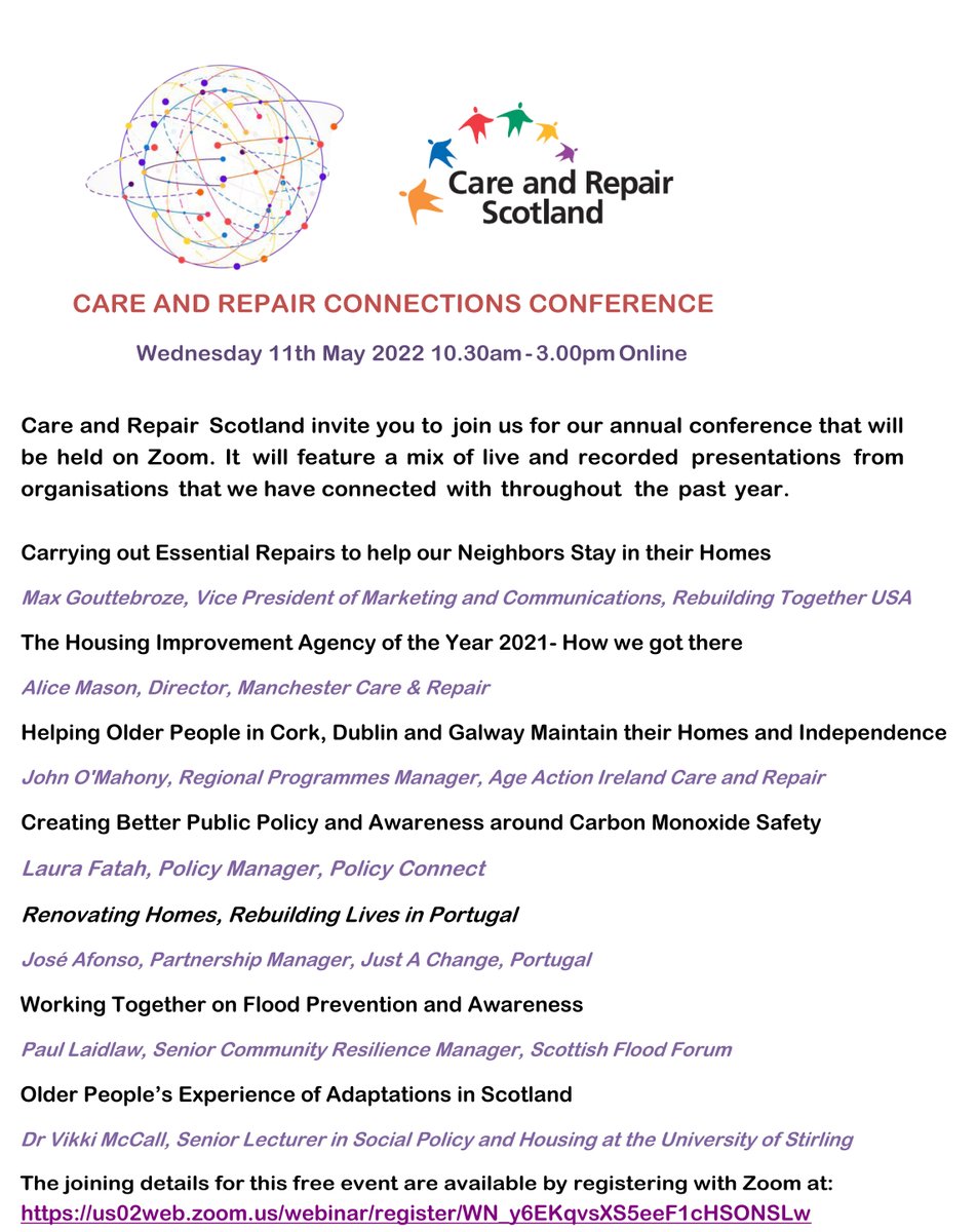 Why not join <a href="/CareRepairScot/">Care&RepairScotland</a> on Wednesday 11th May 2022 for our conference - Care and Repair Connections. The event is free and will be held on Zoom Webinar.