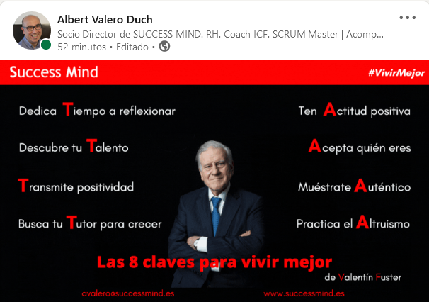 Vivir más años es interesante... pero #VivirMejor es (además) importante. ☺️

El reputado cardiólogo Valentín Fuster plantea que para vivir mejor debemos tener en cuenta 4Ts y 4As

Accede al post aquí ⬇️ y comparte tu opinión

linkedin.com/posts/albertva…  

#bienestar #equilibrio