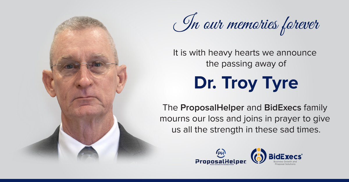 ProposalHelper_'s tweet image. It is with heavy heart we announce the passing away of Dr. Troy Tyre 
The ProposalHelper and BidExecs family mourns our loss and joins the prayers to give us all the strength in these sad times 
#propsalhelper #bidexecs #sadtime