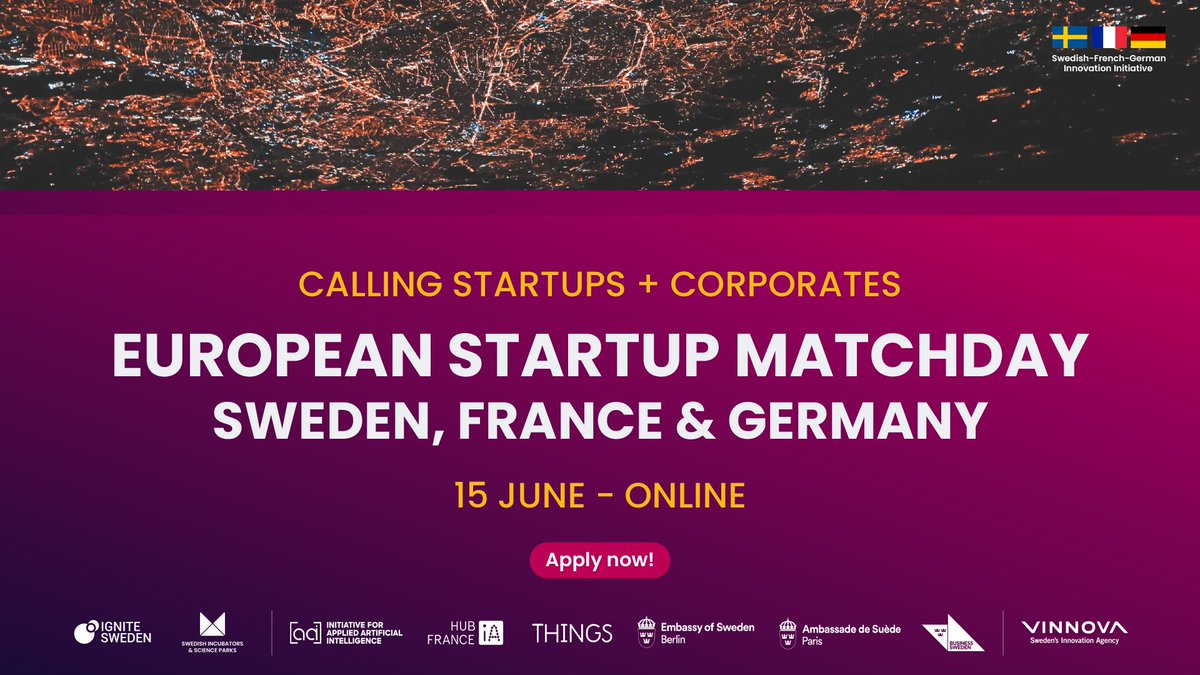 Swedish startups, don't miss the chance to meet French and German corporations &amp; collectively create a more connected future. 

The European Startup Matchday on June 15 can help you find your next innovative collaboration!

Find out more &amp; apply 👉ignitesweden.org/events/europea…