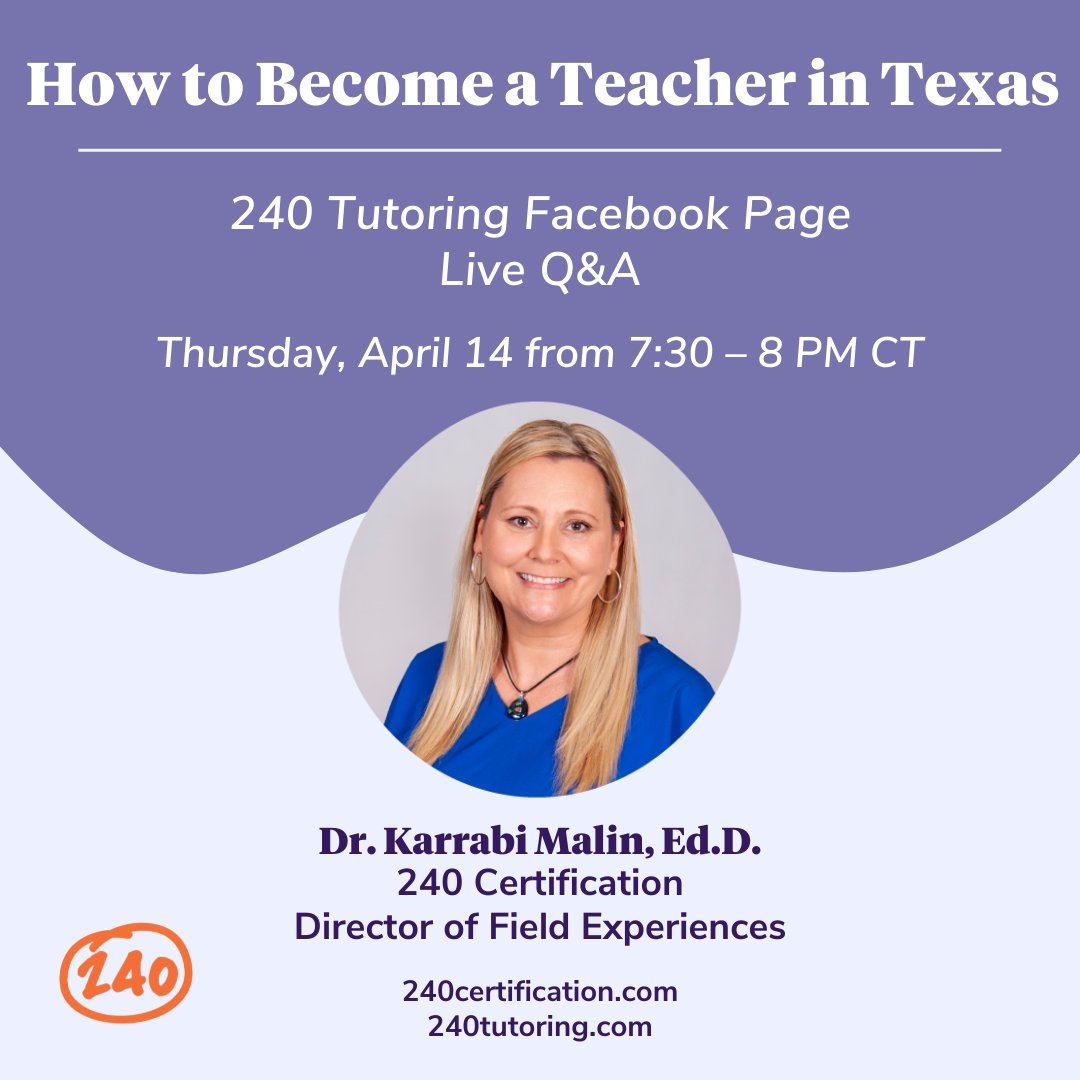 240Tutoring's tweet photo. Are you or anyone you know considering becoming a #TexasEducator? Join us this Thursday 4/14 at 7:30 PM CT on our Facebook Page for a live Q&amp;A with Dr. Karrabi Malin, Director of Field Experiences at #240Certification! 

https://t.co/IppiE9SJS4

 #TexasTeacher #240Tutoring https://t.co/M6TRFRXqWU