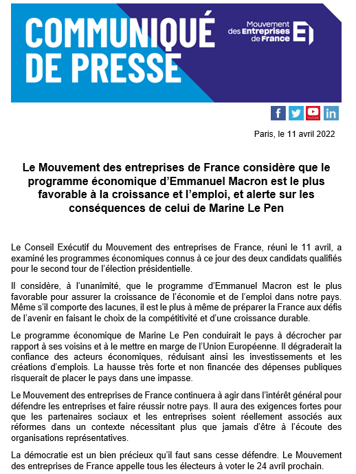 Le projet d'<a href="/EmmanuelMacron/">Emmanuel Macron</a> est le plus favorable à la croissance et l'emploi. Celui de Marine Le Pen placerait l'économie française  
dans l'impasse.

La réaction du <a href="/medef/">Mouvement des Entreprises de France</a> aux résultats du 1er tour de l'élection présidentielle 👇

#5ansdeplus <a href="/avecvous/">septi widya lestari</a>