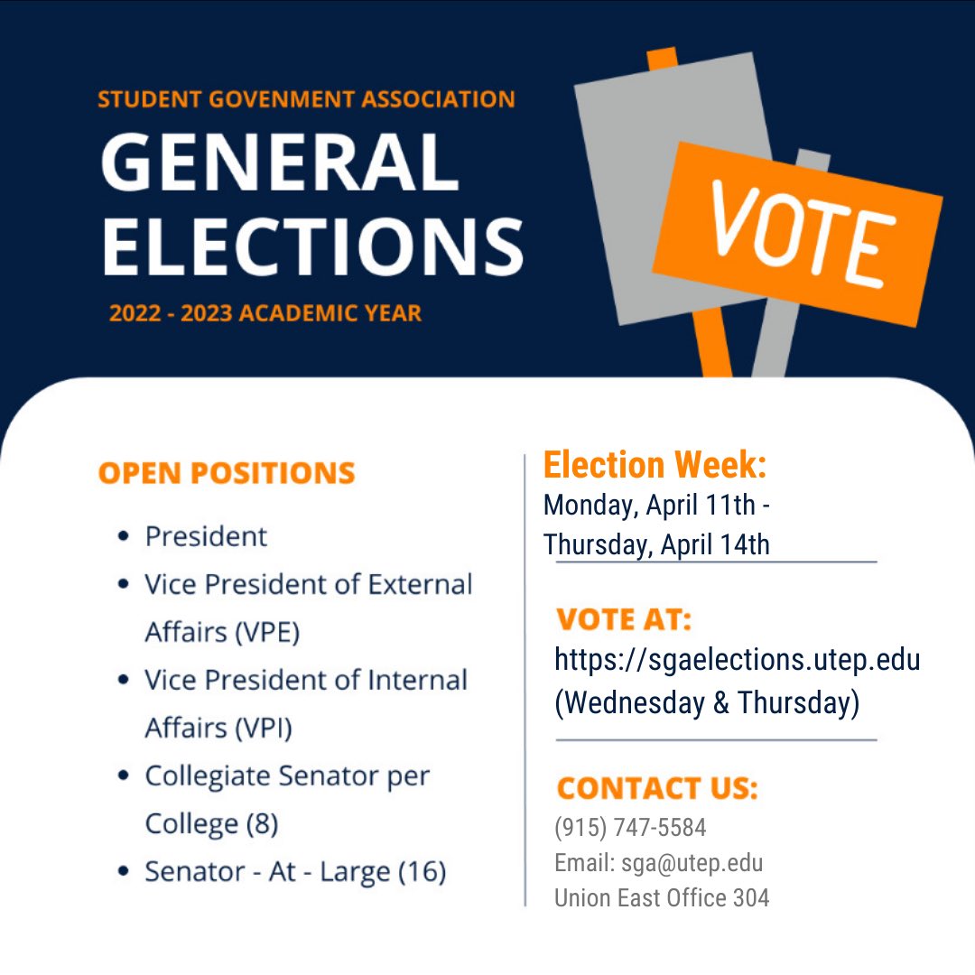 utepsga's tweet photo. Good morning miners! Today begins our SGA Election for the 22-23 year. Be sure to attend or tune into the Presidential Debate (today) and the Vice-Presidential Debates (tomorrow), and voting opens Wednesday and ends Thursday at 5pm. Best of luck to all the candidates! 🔷⛏🔶 https://t.co/ywcimBidS4