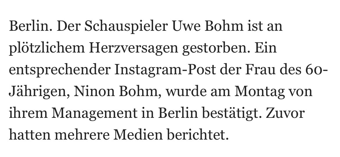 NewsWatchHH's tweet photo. Wenn die Ehefrau des verstorbenen Schauspielers #UweBohm die Todesursache bekannt gibt und DPA an ihrem 2-Quellen-Prinzip festhält und die Bestätigung des Managements einholt. Soviel Old-School-Berufsethos in der heutigen Zeit rührt mich ein bisschen. @fhomburger https://t.co/e0IRyt9jSv