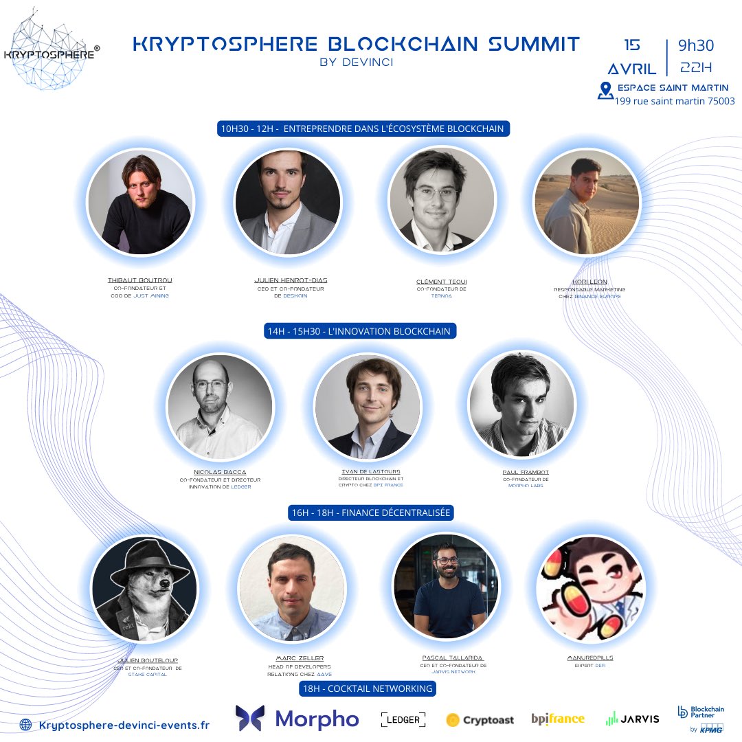 KRYPTOSPHERE_'s tweet photo. Rappel vendredi nous organisons 3 tables rondes pour clôturer cette semaine extraordinaire ( @parisnft_day  + @PBWSummit ). Au programme 3 sujets qui nous tiennent à cœur : l’entrepreneuriat, l’innovation Blockchain et la DeFi

Billetterie : https://t.co/UqrpI92jXW https://t.co/L5nbg3Eskq