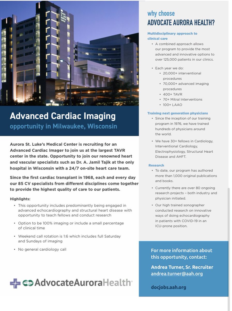 💥We are looking for an Advanced Imaging Cardiologist to join us at #AuroraStLukes!  💥#structural #iecho #yesCT #nukes. <a href="/AJamilTajik/">Abdul Jamil Tajik</a> <a href="/BijoyKhandheria/">Bijoy Khandheria</a> @AAH_StLukesCV <a href="/AllaqabanSuhail/">Suhail Allaqaband</a> <a href="/AdvocateAurora/">Advocate Aurora Health</a> <a href="/Aurora_Health/">Aurora Health Care</a>. <a href="/ASE360/">American Society of Echocardiography</a> <a href="/Heart_SCCT/">Heart_SCCT</a>