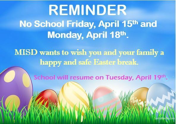 McBayElementary's tweet photo. No School Friday, April 15th &amp; Monday April 18th.
HAPPY EASTER! https://t.co/IEtFDWg5pQ