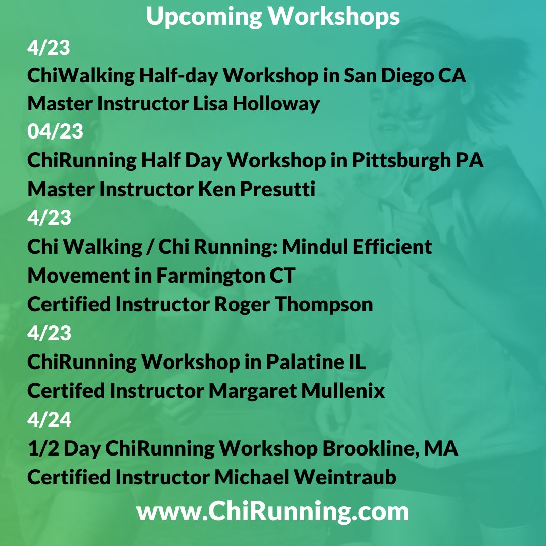 ChiRunning's tweet photo. Spring is a perfect time to get uplevel your running experience! Learning in person is the best way to get immediate feedback on your #technique
Click here: https://t.co/LxBqmhU01R
#runningtechnique #walkingtechnique #chirunning #chiwalking #runningclass #runpainfree #runeasy https://t.co/P5wXdU7Tn2