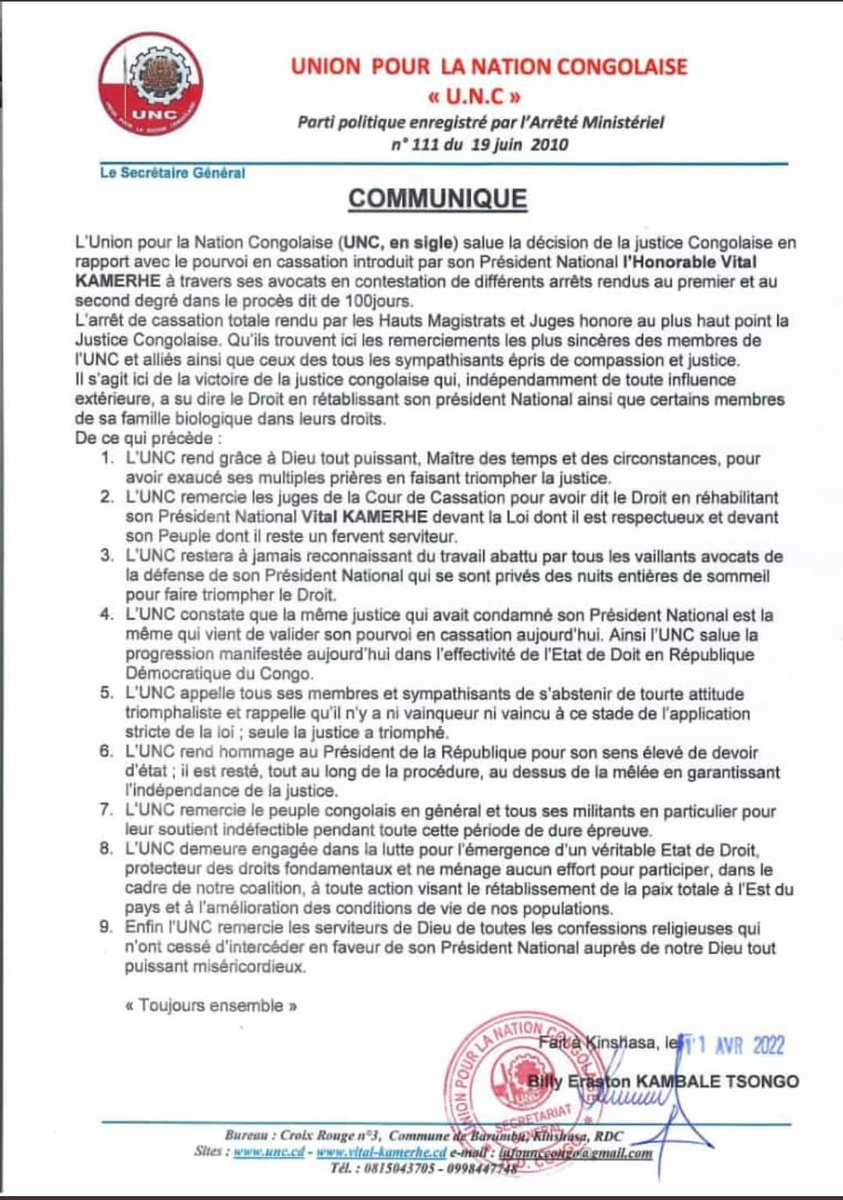 UNC_ZN_SUD_EST's tweet photo. La Cour de cassation ANNULE l'arrêt condamnant @VitalKamerhe1 et renvoie la cause. L'U.N.C salue la décision de la justice. Rend grâce à Dieu, hommage au PRO5, remercie les juges de la cour de cassation, le Peuple congolais et demeure engagé pour l'émergence d'un  Etat de droit. https://t.co/eRgtP0qDIQ