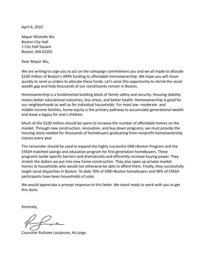 mahahome's tweet image. Thanks to all 13 city councilors who met with MAHA and signed this letter! Your commitment of $100 million in Boston’s ARPA funds to make homeownership affordable is crucial to stabilize our communities and shrink the racial wealth gap. #bospoli #firstgenhome #firsttimehomebuyer