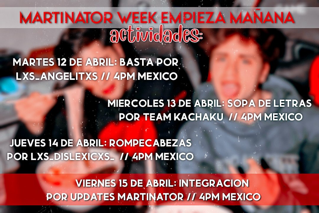 martinezootd's tweet photo. 📢// RECORDATORIO 

mañana inicia #MartinatorWeek esperamos lo disfruten muchísimo, todo está preparado para divertirnos! https://t.co/zp2CeOtrPu