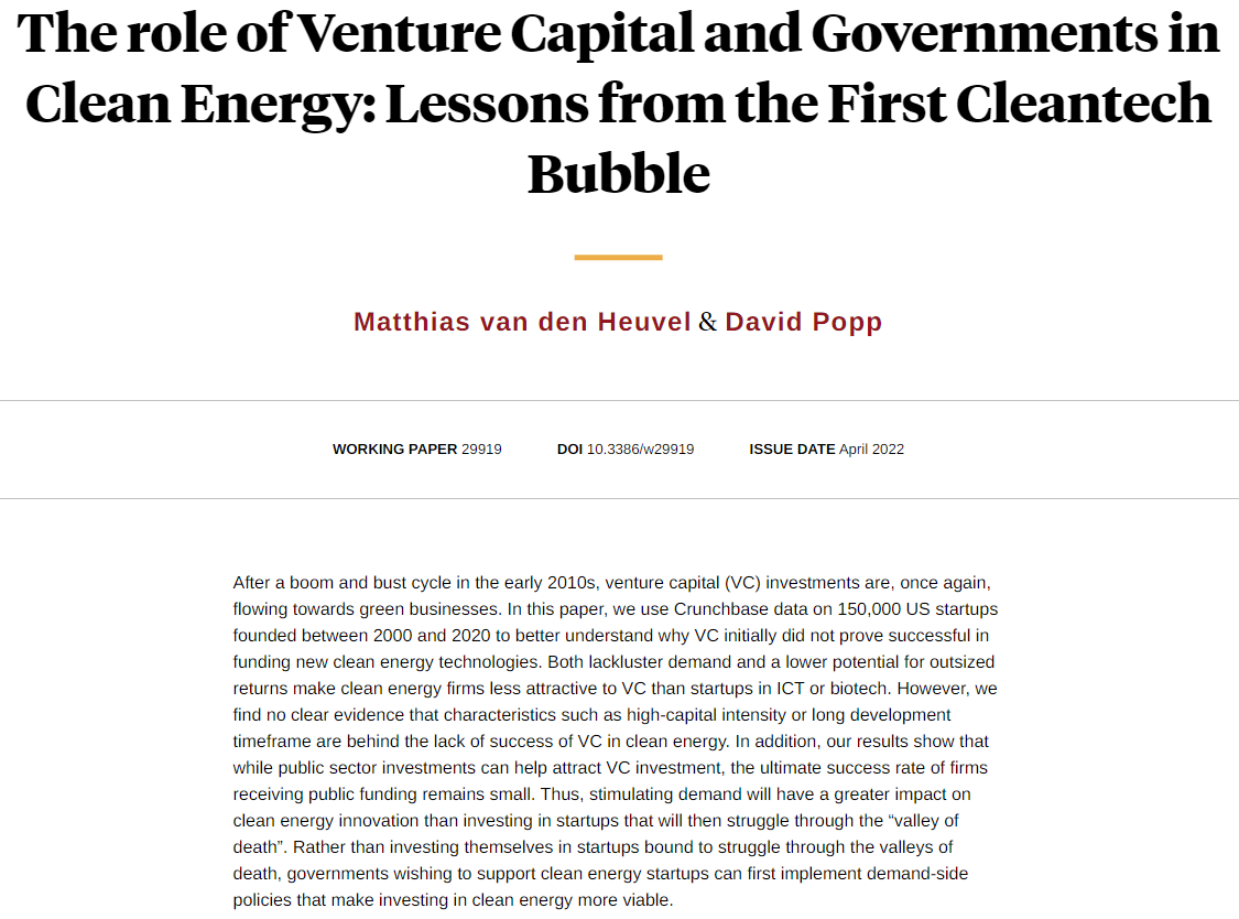 nberpubs's tweet photo. Stimulating demand will have a greater impact on clean energy innovation than investing in startups that will then struggle through the “valley of death,” from @Mat_vdH and David Popp https://t.co/yUNsCn8HEb https://t.co/9TLRGdz057