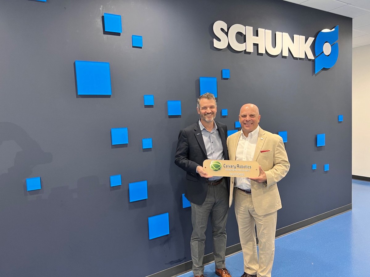CalvaryRobotics's tweet image. Joseph (Joe) Gemma visited our friends and partners SCHUNK USA and presented Milton Guerry with our partners sign.

Thank you to the team at SCHUNK USA; we look forward to work and grow our partnership.
#calvaryrobotics #partners