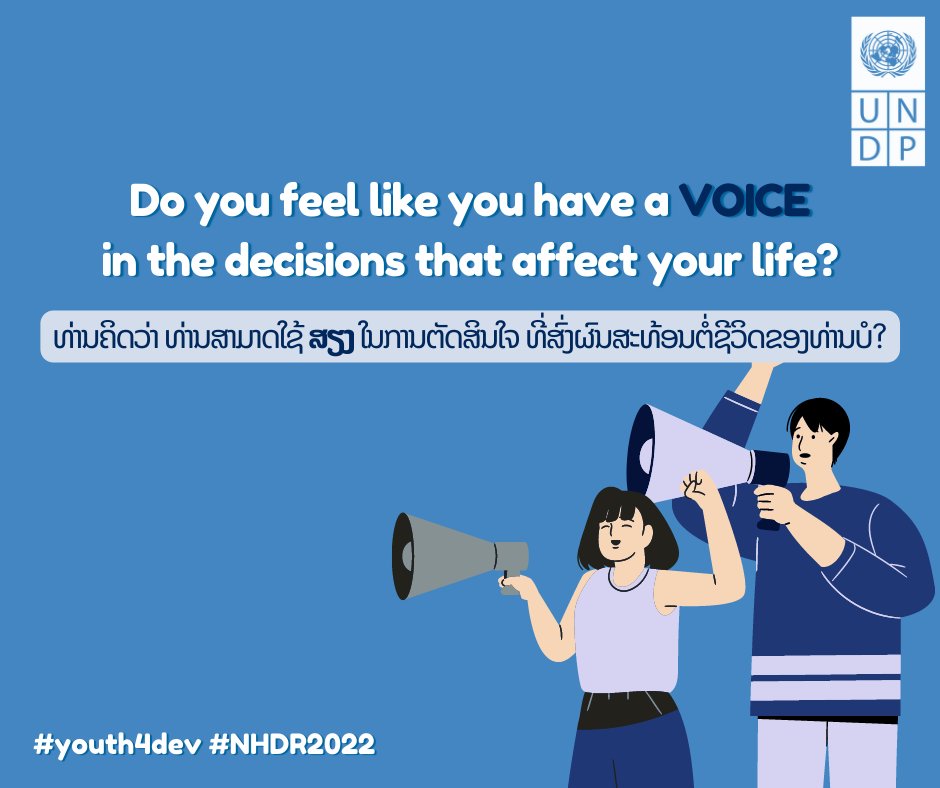 UNDPLaoPDR's tweet photo. From our studyโก๏ธhalf of the young people between 15-24 years old in Laos feel like they have a voice & 31.4% mentioned feeling like they definitely have a voice๐youths feel like they are in control of their lives + the decisions that affect it.
#youth4dev #NHDR2022 https://t.co/ziGGewRdEq
