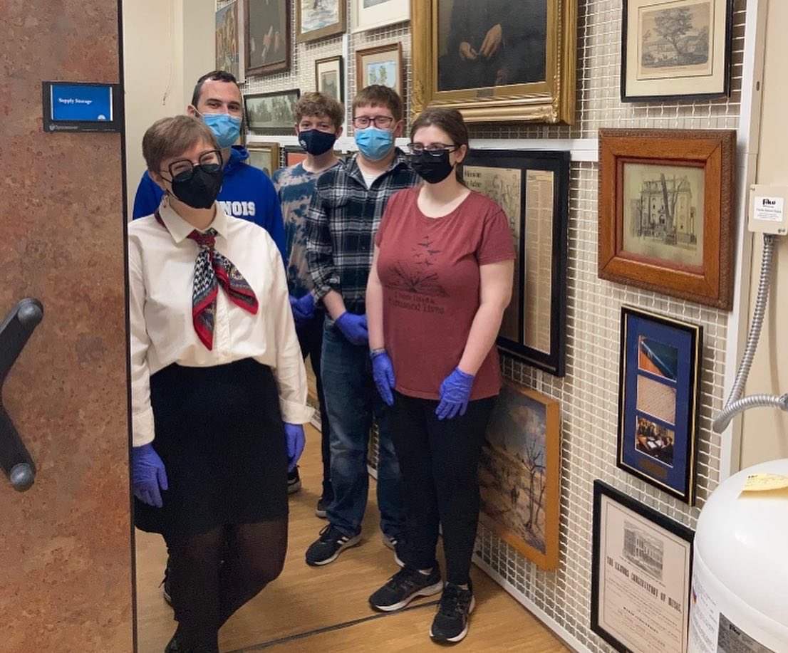 IC_Archives's tweet photo. Congrats to Madison Pierson, Public History Fellow, &amp; #IllinoisCollege student project team Shawn, Arnaud, Alena, &amp;  Luke, for completing a MAJOR inventory of framed art &amp; finalizing a visible storage installation. The project dramatically increases access to art collections! 🎉 https://t.co/t6549sQ1tJ