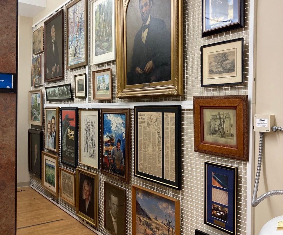 IC_Archives's tweet photo. Congrats to Madison Pierson, Public History Fellow, &amp; #IllinoisCollege student project team Shawn, Arnaud, Alena, &amp;  Luke, for completing a MAJOR inventory of framed art &amp; finalizing a visible storage installation. The project dramatically increases access to art collections! 🎉 https://t.co/t6549sQ1tJ