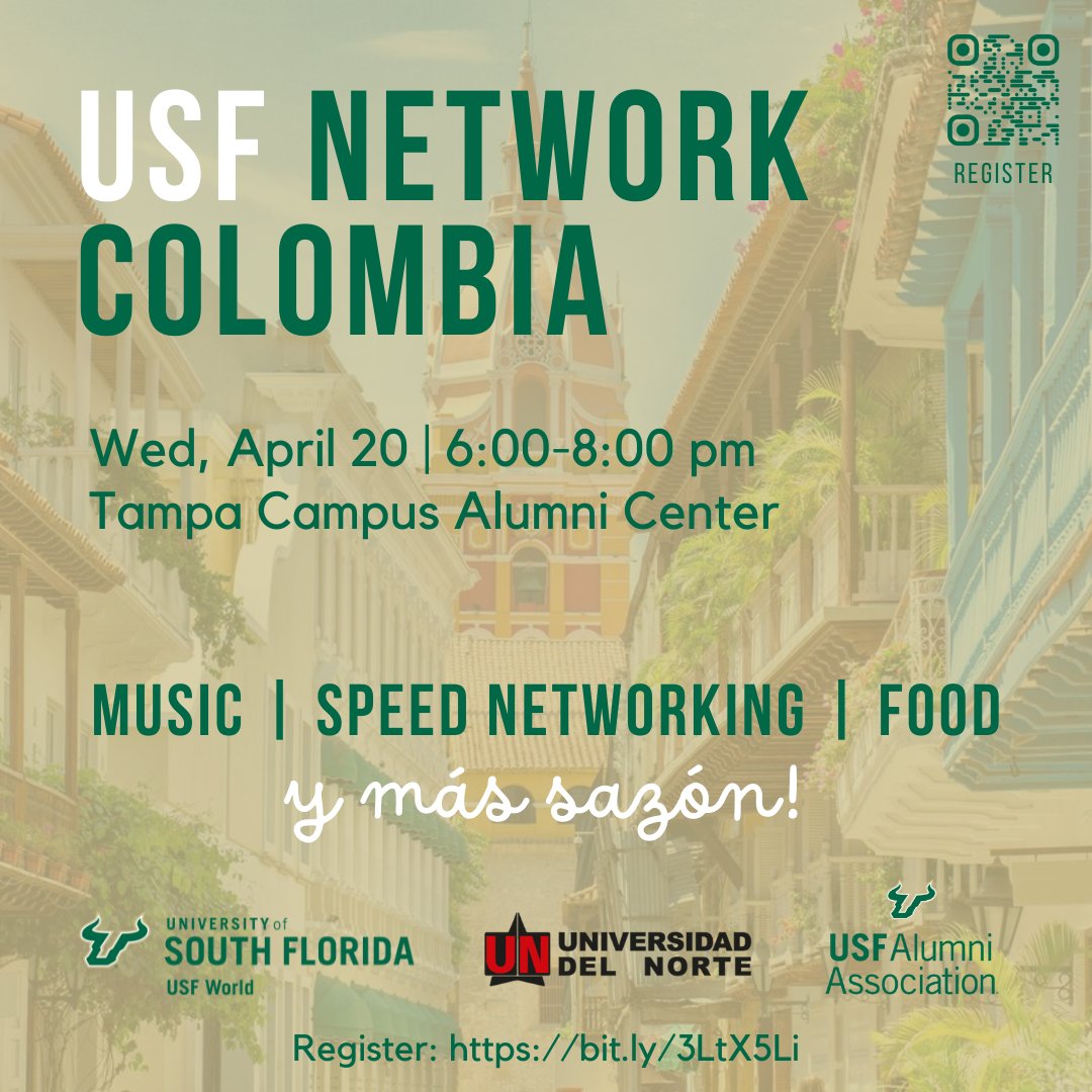 USFalumniAssn's tweet image. Enjoy food, music and speed #networking with #USFNetworkColombia 6-8 pm, April 20. Hosted by #USFWorld, it will be at the Gibbons Alumni Center, #USFTampa campus, and is open to alumni, students and community members with an interest in Colombia. Sign up: bit.ly/3LtX5Li