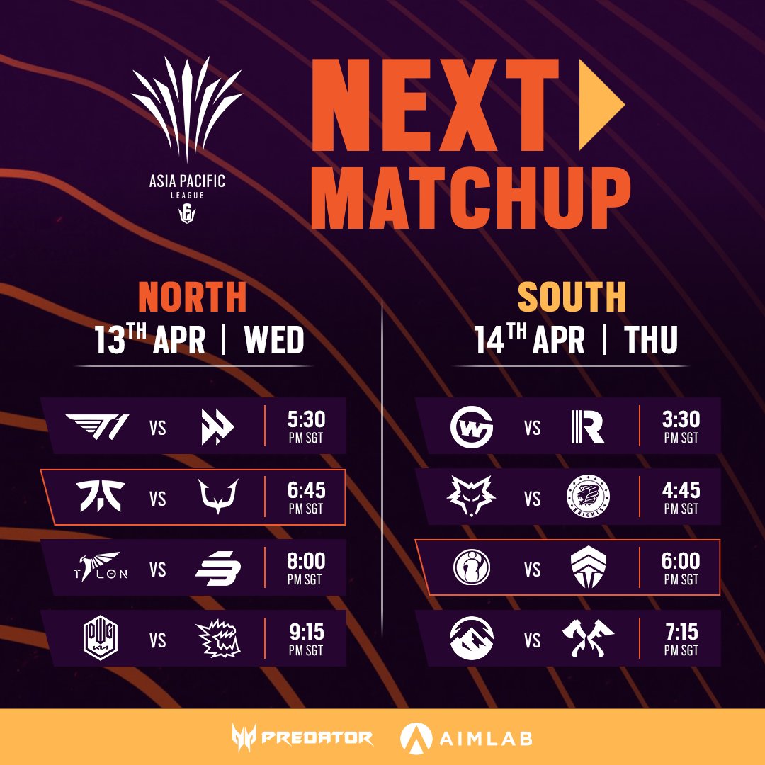 R6esportsASIA's tweet photo. As we head into week 5 of the #R6APACL tomorrow, teams will be competing for the remaining playoff spots.

Make sure to catch the Match of the day where @FNATIC will be going against @RC_REJECT in APAC North whilst @invgaming take on @ChiefsESC in APAC South. https://t.co/MMS3TpaGyQ