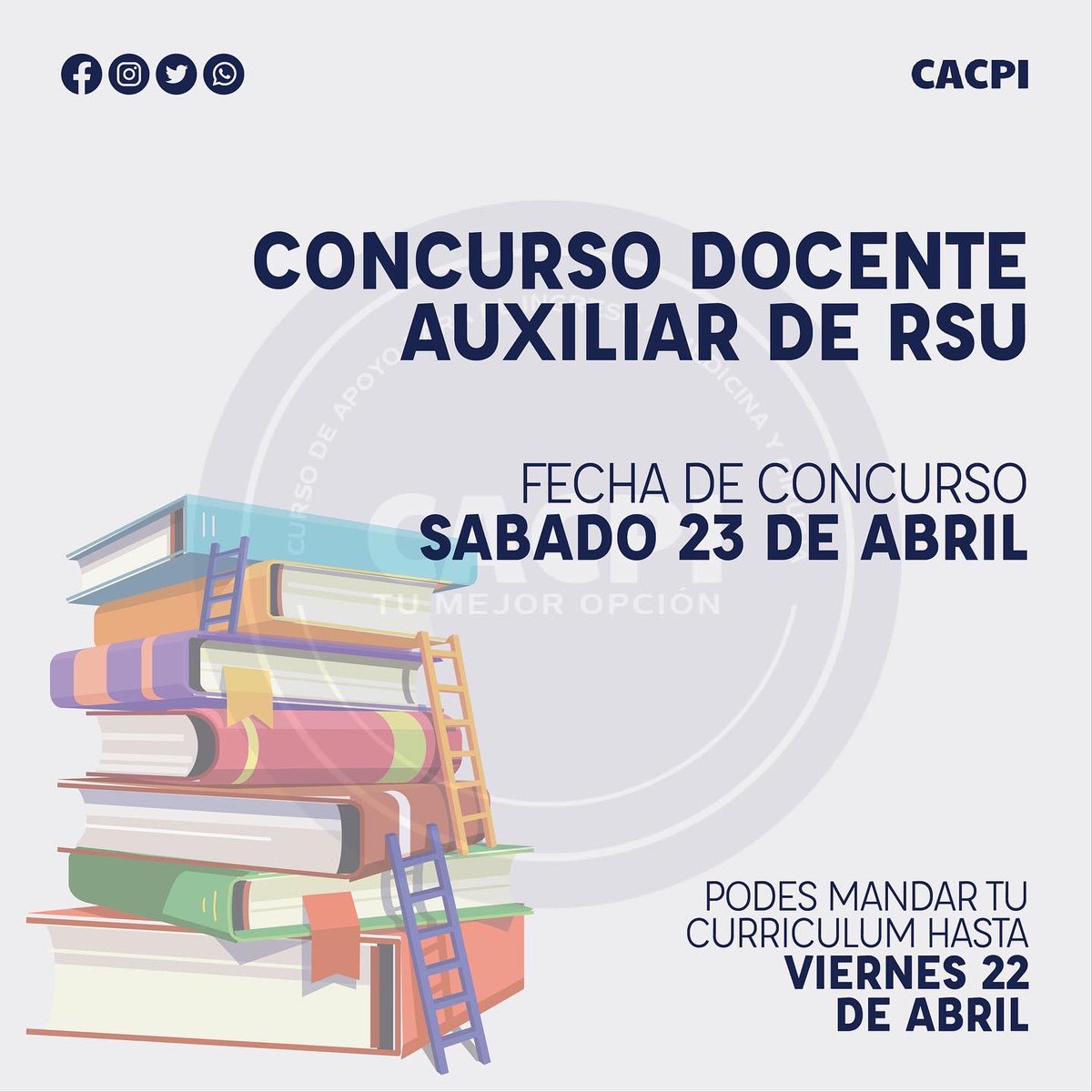Cacpi_cem's tweet photo. ⚠️ATENCIÓN⚠️

‼️El CACPI llama a concurso para el cargo de auxiliar docente de RSU.

📌Desliza y entérate de las bases y condiciones para poder participar.

📆Fecha límite: VIERNES 22 DE ABRIL. https://t.co/NosUsRbcaF