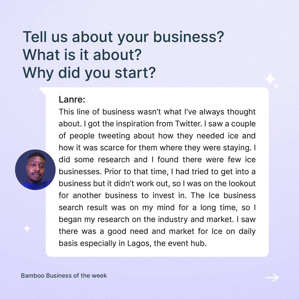 investbamboo's tweet photo. This week’s focus is on @TheIceVendor, an ice-producing factory here in Lagos that started right before the pandemic. 🧊 

Click the link below to read more about how the business survived the lockdown.💪🏽

https://t.co/k7lQuWZAPo https://t.co/UHUdLwpISW