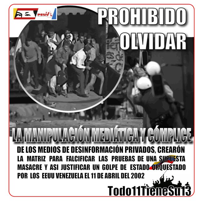PsuvSantaros's tweet photo. Al mundo NO informaron la verdad de lo que sucedía en Venezuela se dedicaron a desinformar para justificar el golpe de estado al presidente Hugo Chávez ordenado por el Imperio. Las imagen del Puente Llaguno dieron la vuelta al mundo culpando al gobierno de Chávez.
#11AResiste https://t.co/sQkFjLi5Iq