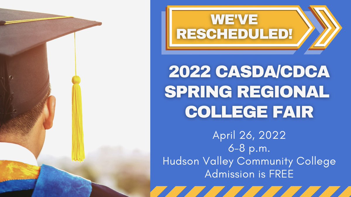 We're excited to share the list of participating colleges and universities who will be at our rescheduled Spring Regional College Fair at <a href="/HudsonValleyCC/">HVCC</a> on April 26 from 6-8 p.m. Admission is FREE! Click here to find the list: casdany.org/college-career…