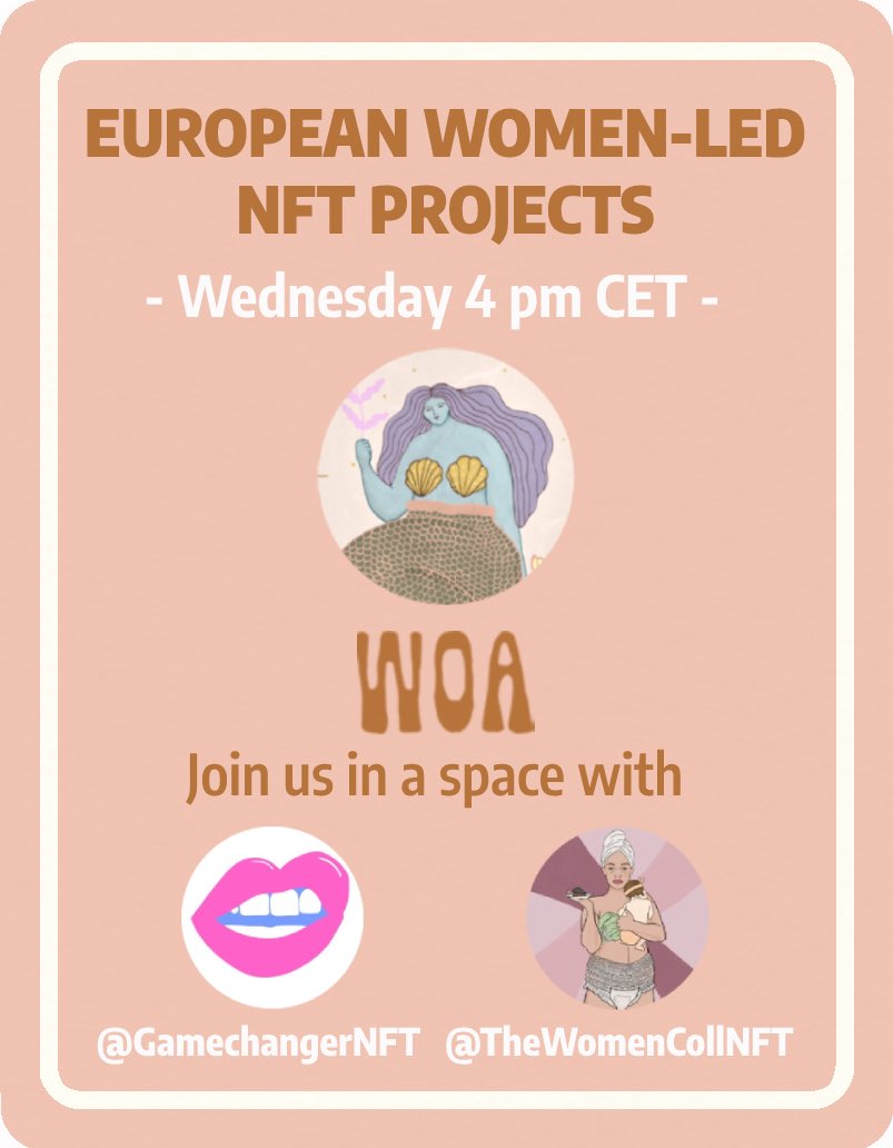 WorldofAlidia's tweet photo. ✨Join us this Wednesday at 4 pm CET to get to know some more EUROPEAN FEMALE LED #NFTprojects✨

@GamechangeNFT and @TheWomenCollNFT will be there together with @WorldofAlidia to talk about how we are growing and impacting the web3 space in our home countries!🌱🚀 https://t.co/kD7flpnzgw