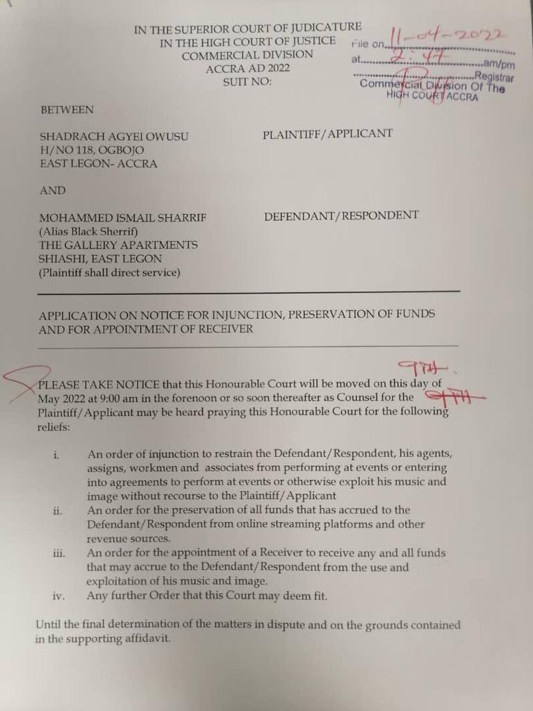 OleleSalvador's tweet photo. BREAKING NEWS: Black Sheriff sued by ‘investor’— CEO of Chavis Consult. 
—
An injunction has also been acquired by a High Court to restrain him from performing at events as well as receiving revenue from his streams amongst other things, during the pendency of the suit. https://t.co/1lPTeOkKx1