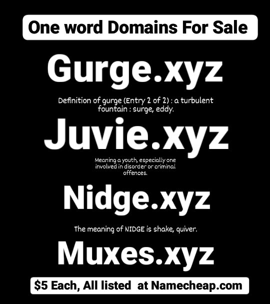 One word #Domain Names For Sale 

Price: $5  each 

All listed at Namecheap.com  

#DomainNameForSale #domainnames #domainsforsale #domainname #domainforsale #Domain #startup #xyz #branding #dotcom
