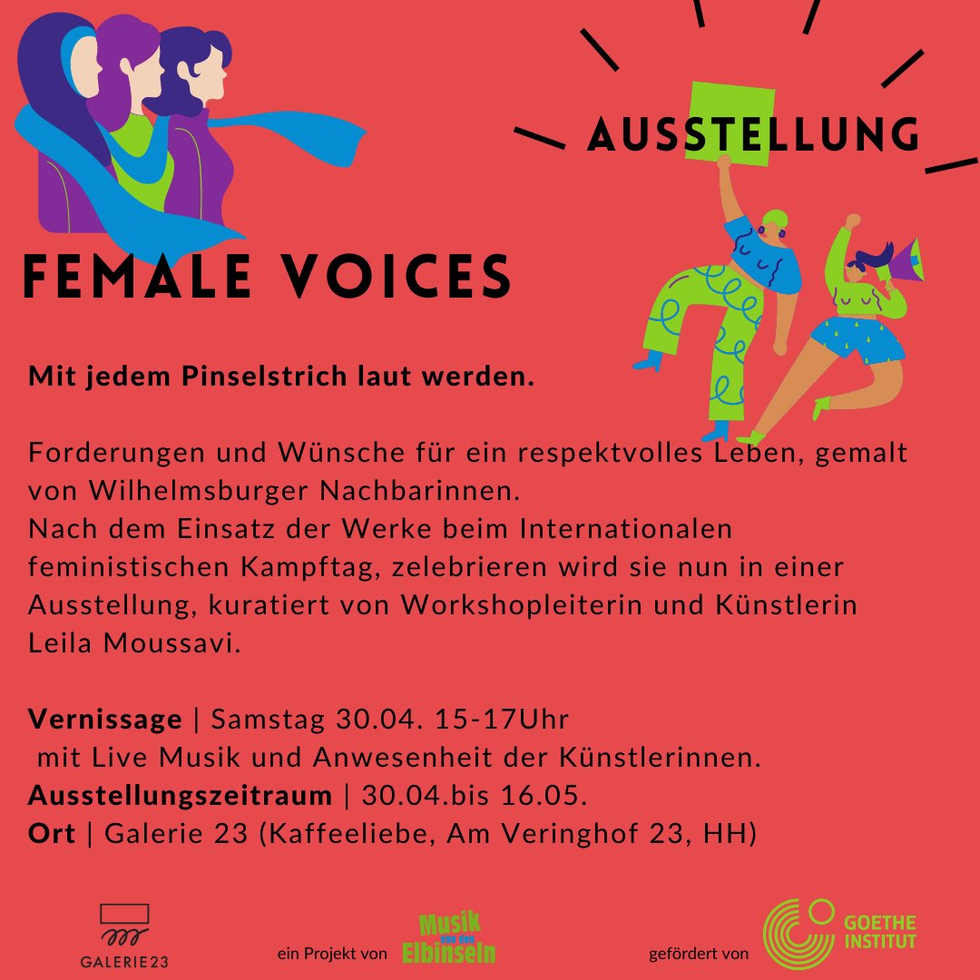 mvde_de's tweet photo. Wir laden ein zur Vernissage der "Female Voices Ausstellung" am 30.04. von 15-17 Uhr in der Galerie 23 in der Kaffeeliebe. Mit Livemusik und unter Anwesenheit der Künstler*innen ✨ #femalevoices #femaleempowerment #feminism #creativeprotest https://t.co/ROsMhvXYuM