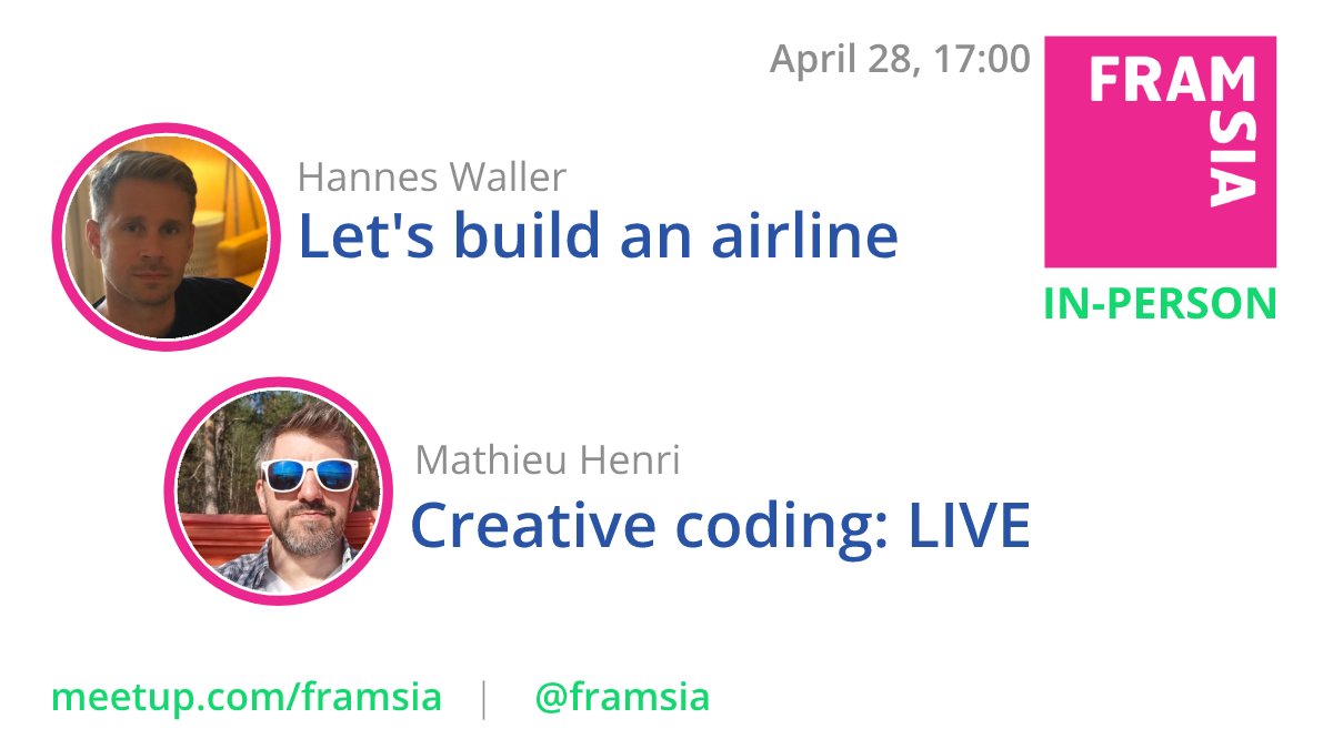 Framsia is back with an in-person gathering! April 28th, let's meet, eat pizza &amp; enjoy 2 tech sessions about frontend dev:
- Let's build an airline! by @hkwaller
- Creative coding: LIVE by <a href="/p01/">🍉 Mathieu 'p01' Henri @p01@mastodon.social</a>

Thanks to Unfold AS for hosting us &amp; serving food!

Register: meetup.com/framsia/events…