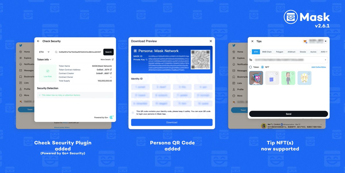 masknetwork's tweet photo. #MaskUpdate v2.6.1

🔒 Check token contract address with the "Check Security" plugin (powered by @GoplusSecurity) to avoid scams.

👥 Use a QR code to backup your Persona （Dashboard - Personas - ⚙️ - Export Persona)

💸 Tip people you like with (cryptocurrencies and) NFT! https://t.co/J1f0HGaqYe