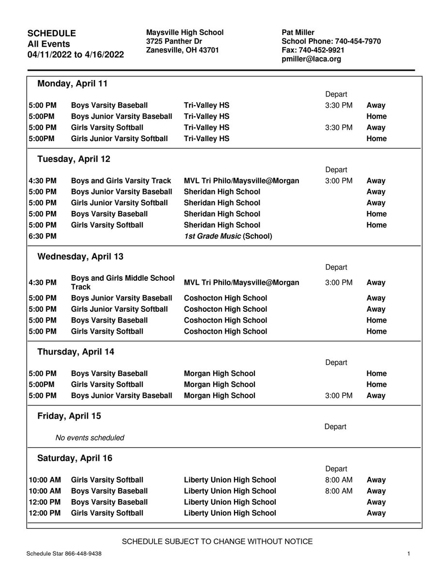 WEEKLY ATHLETIC EVENTS (04/11/22) - Subject to change