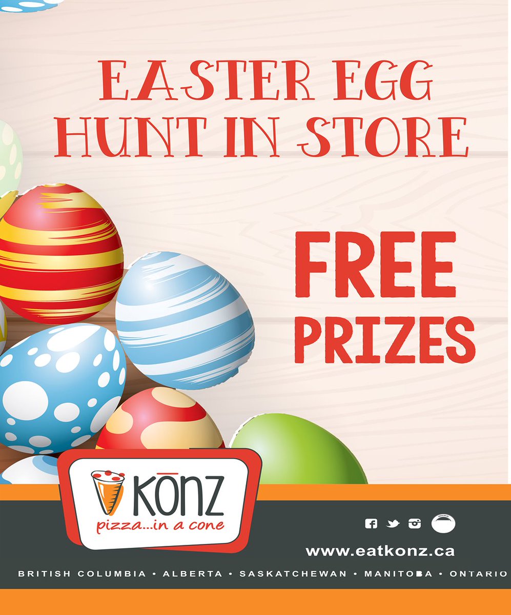 eatkonz's tweet photo. Bring your kids down for a Konz Easter egg hunt. This Easter weekend all of our stores will be hosting an egg hunt filled with prizes and fun!
.
.
#easteregg #easterhunt #konzpizza https://t.co/8MAdA6MYpK