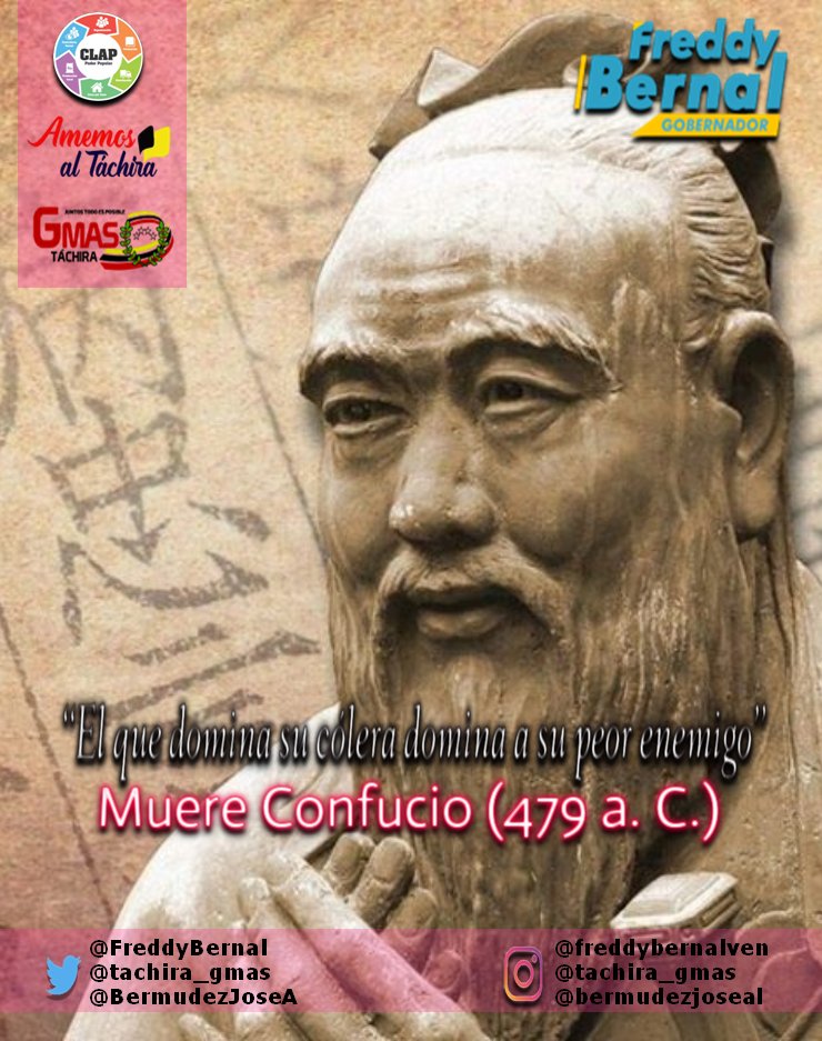 #Efemerides #11Abril Muere Confucio, un reconocido pensador chino cuya doctrina recibió el nombre de confucianismo. Procedente de una familia noble arruinada, a lo largo de su vida alternó periodos en los que ejerció como maestro #11AResiste <a href="/NicolasMaduro/">Nicolás Maduro</a> <a href="/FreddyBernal/">Freddy Bernal</a>
