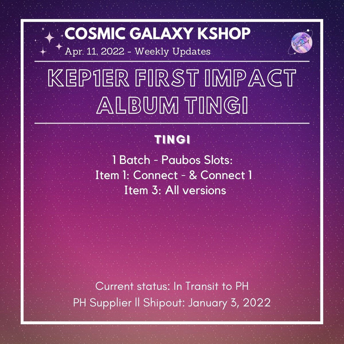 CGKShop's tweet photo. #CG_WeeklyUpdates
April 11, 2022 - Weekly Updates
🌟Kep1er FI Tingi
🌟Kep1er Hand Signed
🌟EN- MemKit
🌟BP Special Gift
🌟NCT 2021 Universe
💟For ongoing lapags:
check #/CG_Ongoing
💟For weekly proofs:
check #/CG_WeeklyProofs
💌DM for concerns and clarifications https://t.co/DI4C27CwF0