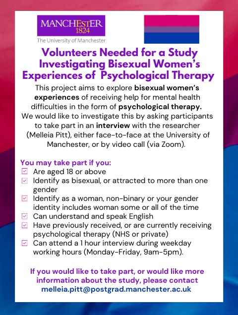 bisexualMH's tweet photo. 🏳️‍🌈NEW STUDY!🏳️‍⚧️

We are recruiting #bisexual women who have received help for mental health difficulties through psychological therapy to take part in either online or video interviews! 

If interested, please email melleia.pitt@postgrad.manchester.ac.uk *Please retweet* #LGBTQ https://t.co/Fkv6kkgOLt