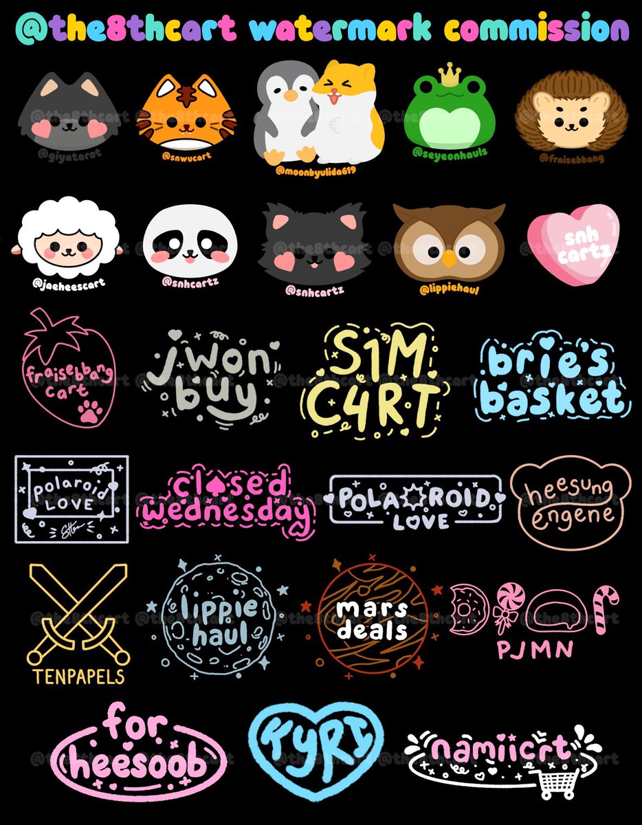 the8thcart's tweet photo. here are some of my sample works for watermarks^^ you can also check my carrd for more samples https://t.co/RVpDSEwcuo https://t.co/CuFN2SswD9