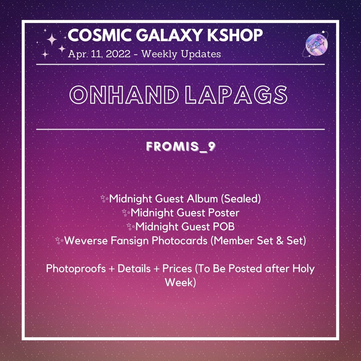 CGKShop's tweet photo. #CG_WeeklyUpdates
April 11, 2022 - Weekly Updates
🌟Onhand Lapags (Enhypen, Fromis_9, DICON, Etc.)
Details: TBA after Holy Week
💟For ongoing lapags:
check #/CG_Ongoing
💟For weekly proofs:
check #/CG_WeeklyProofs
💌DM for concerns and clarifications https://t.co/kcmXuPzhKM