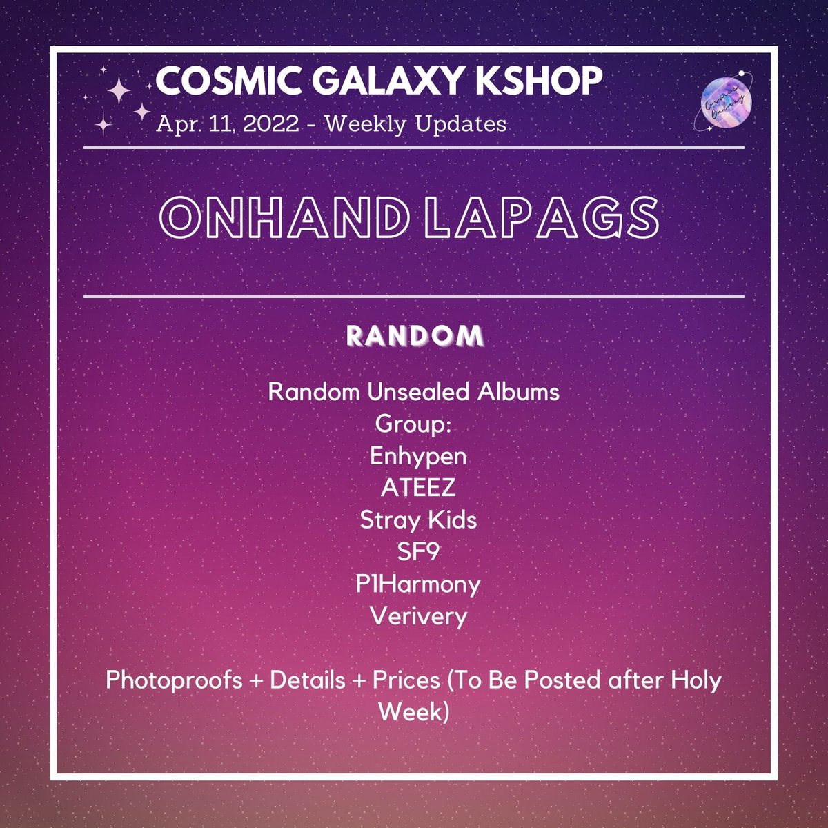 CGKShop's tweet photo. #CG_WeeklyUpdates
April 11, 2022 - Weekly Updates
🌟Onhand Lapags (Enhypen, Fromis_9, DICON, Etc.)
Details: TBA after Holy Week
💟For ongoing lapags:
check #/CG_Ongoing
💟For weekly proofs:
check #/CG_WeeklyProofs
💌DM for concerns and clarifications https://t.co/kcmXuPzhKM