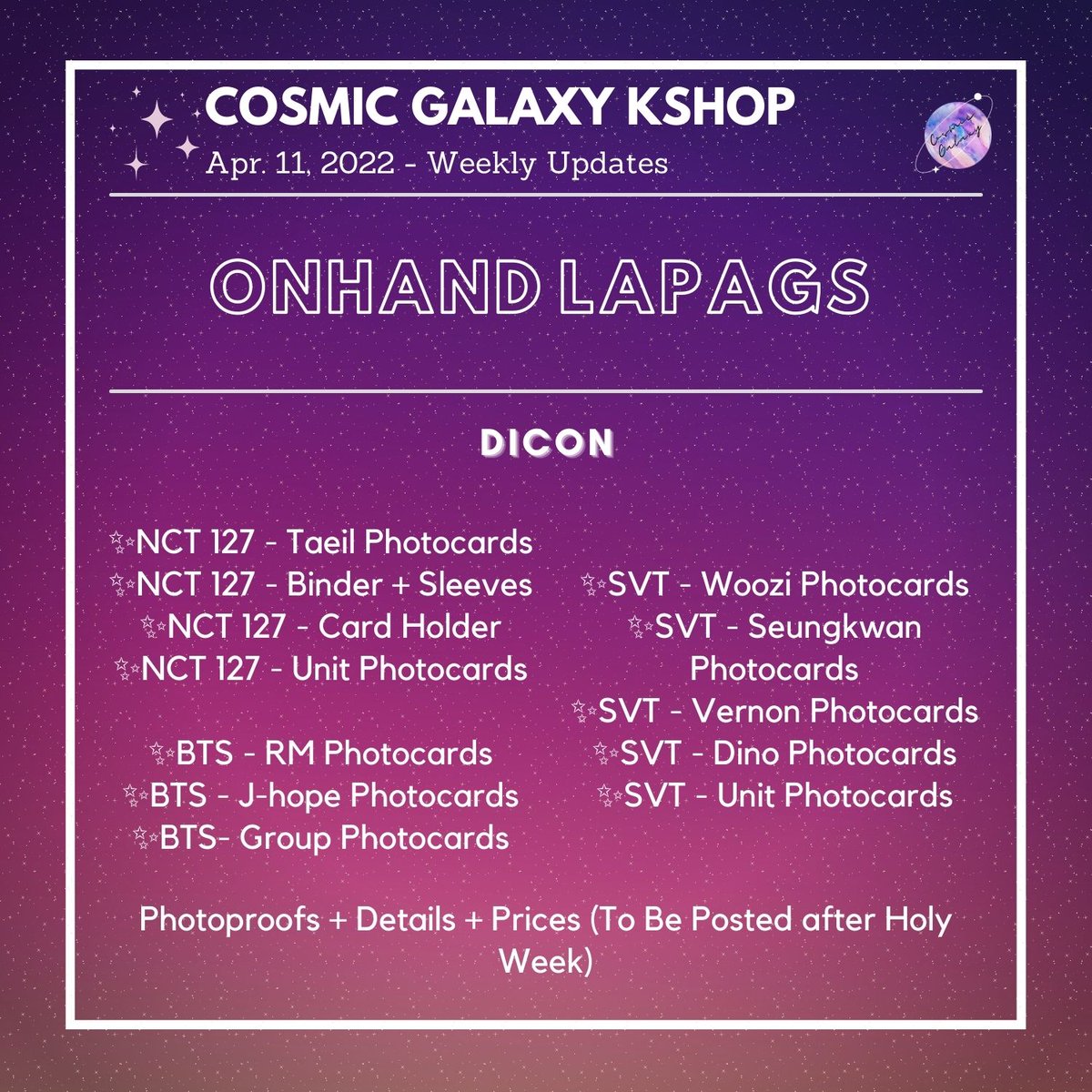 CGKShop's tweet photo. #CG_WeeklyUpdates
April 11, 2022 - Weekly Updates
🌟Onhand Lapags (Enhypen, Fromis_9, DICON, Etc.)
Details: TBA after Holy Week
💟For ongoing lapags:
check #/CG_Ongoing
💟For weekly proofs:
check #/CG_WeeklyProofs
💌DM for concerns and clarifications https://t.co/kcmXuPzhKM
