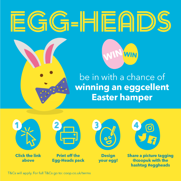 Who wants to win an Easter hamper for their children? 🎉 To get involved, print the sheet, design your egg and tag <a href="/coopuk/">Co-op</a> #eggheads for the chance to win! Enter now 👉  coop.uk/3glaWob