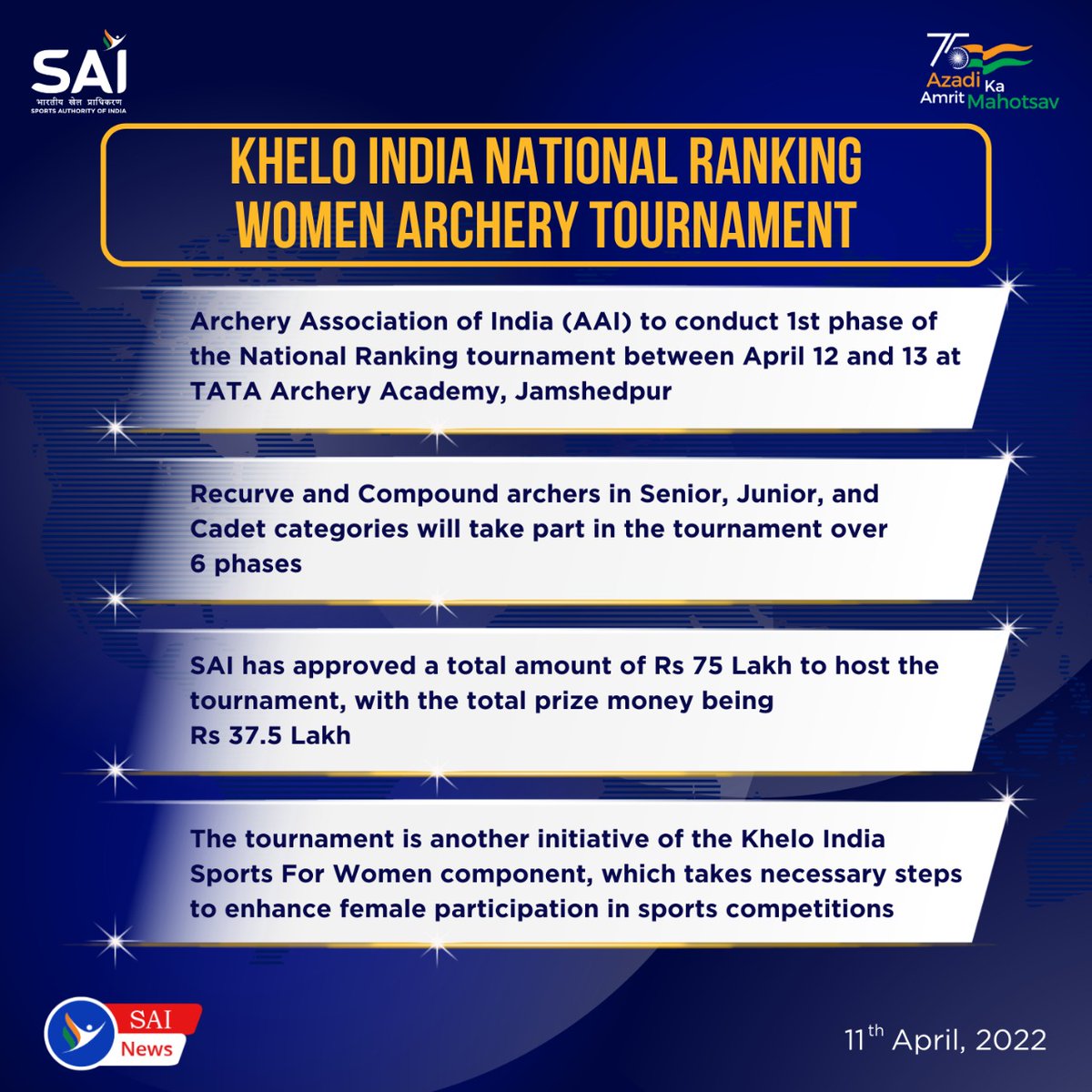 #SAINews

SAI, <a href="/india_archery/">ARCHERY ASSOCIATION OF INDIA</a> in collaboration with Jharkhand Archery Association and TATA Steel to jointly conduct the #KheloIndia National Ranking Women #Archery 🏹🎯 Tournament 

Read More 👇 

#SAIupdates #IndianSports